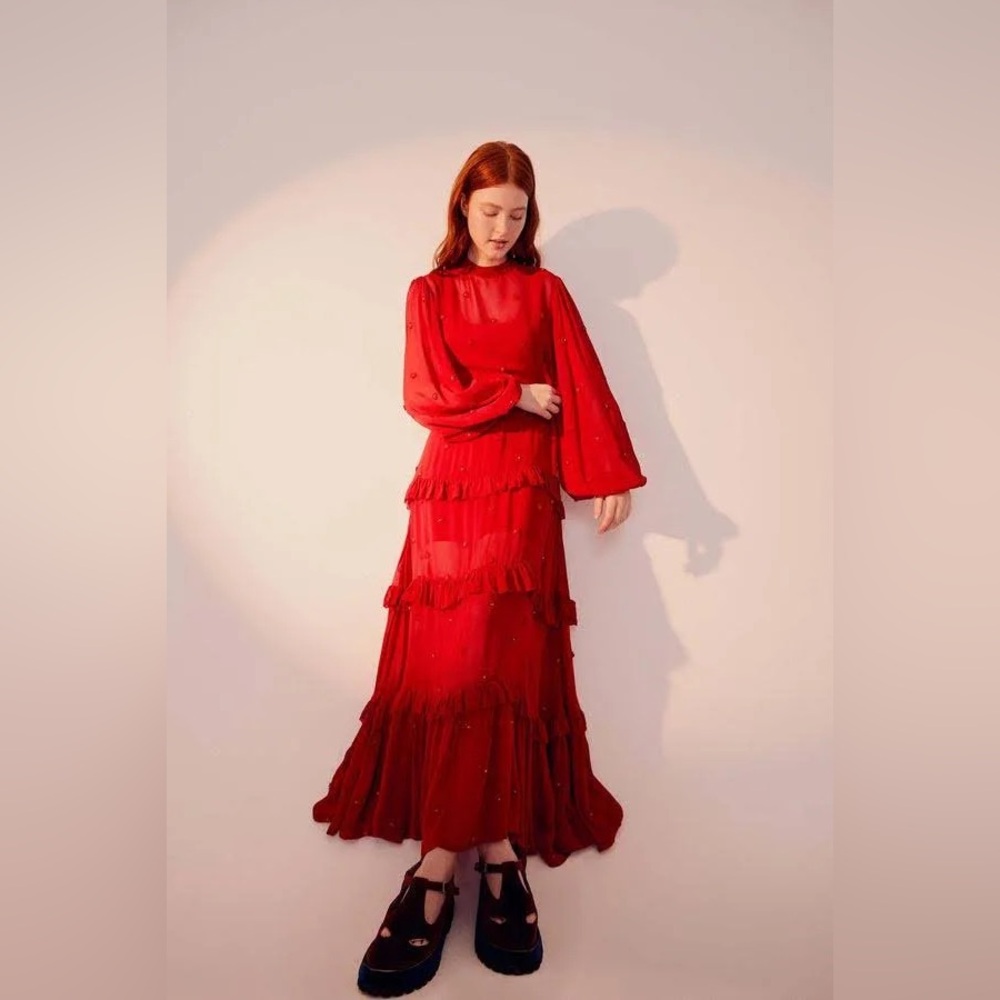 Farm Rio Red Ruffle Long Sleeve Maxi Dress - Picture 3 of 7
